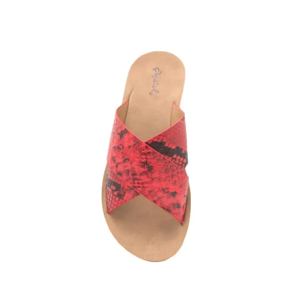 Red Snakeskin Print Sandals Flat Slide Criss Cross Slip On - Picture 8 of 8